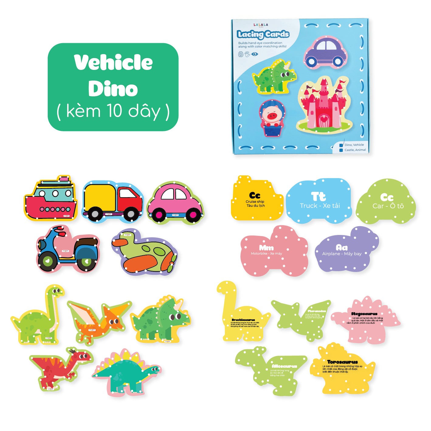 Đồ chơi xỏ dây cho bé Lalala Baby. Bộ 10 hình Dino+Vehicle, đồ chơi khủng long, phương tiện giao thông phát triển vận động tinh cho bé, rèn luyện khả năng tập trung