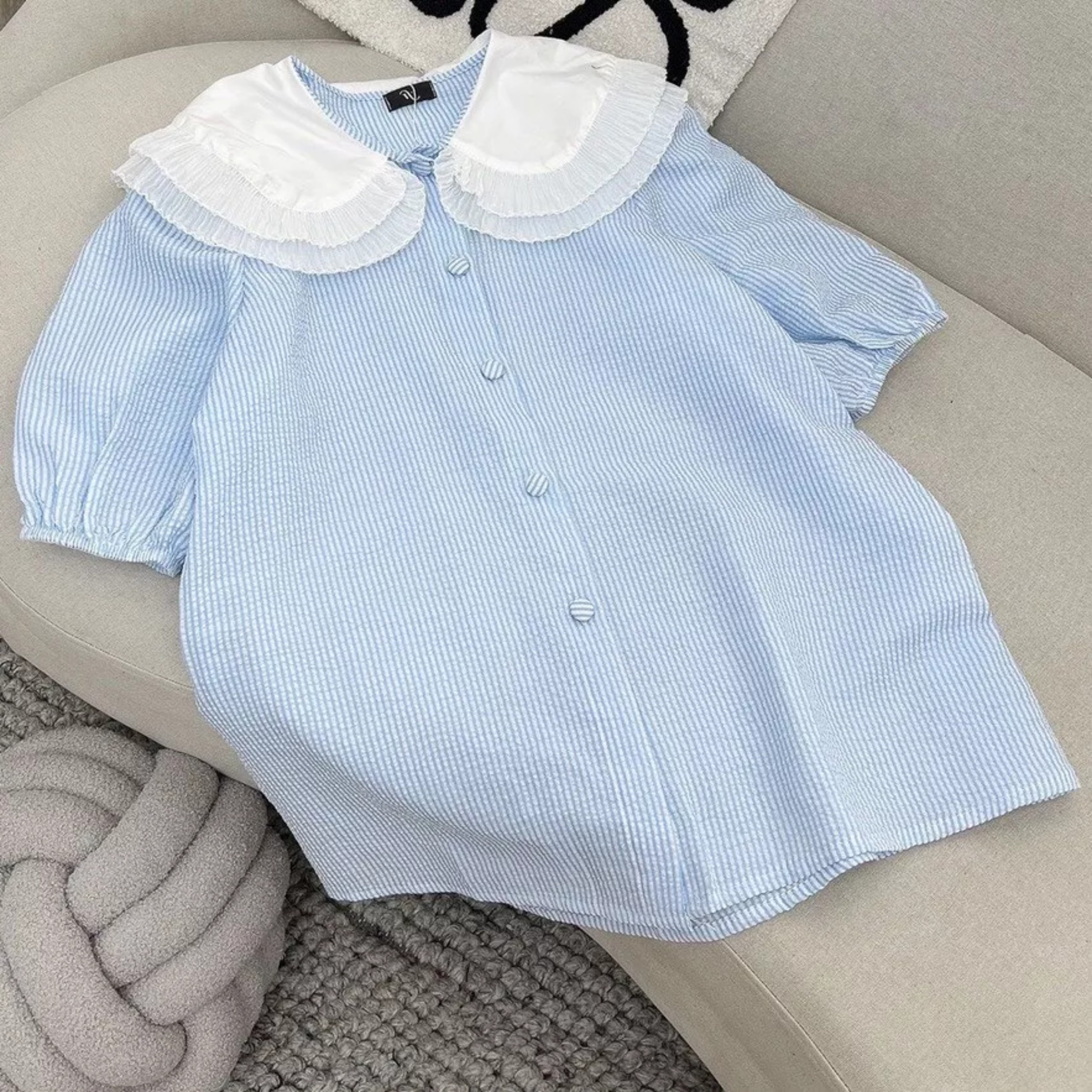Áo Sơ Mi Nữ Cổ Sen Viền Bèo Tay Bồng Kẻ Vải Xốp Phối Màu Tiểu Thư Siêu Xinh