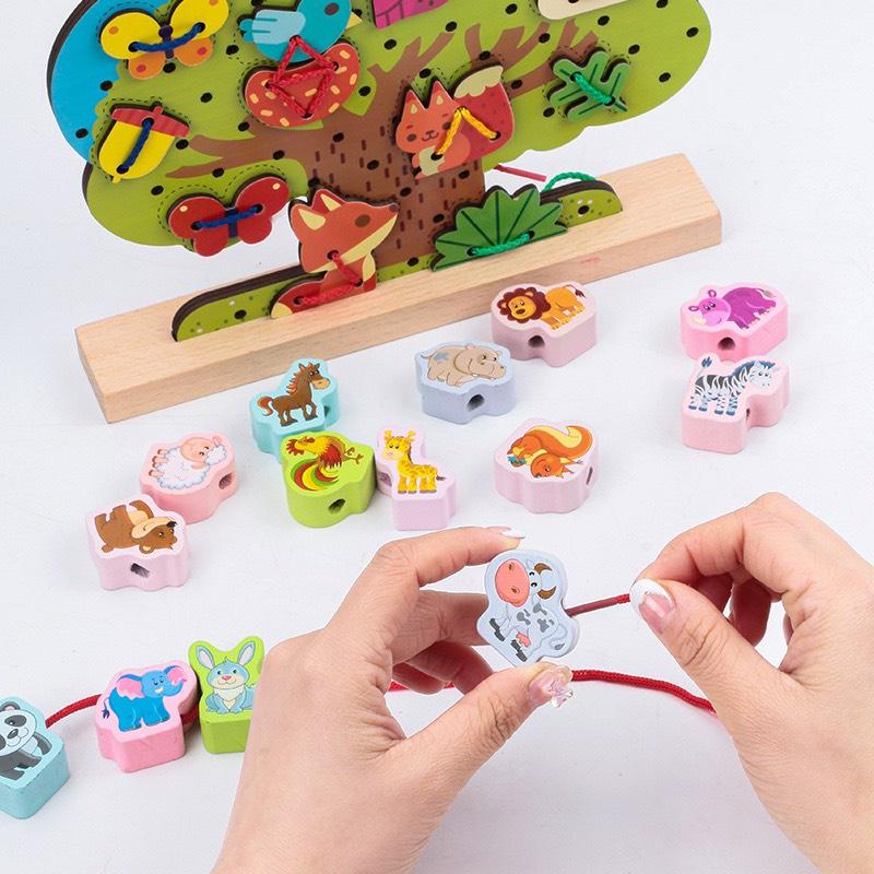 Đồ chơi Montessori Puzzle hạt gỗ luồn cây-dụng cụ dạy học toán tương tác trẻ em