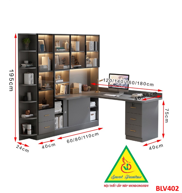 BÀN HỌC – BÀN LÀM VIỆC LIỀN KỆ GỖ MDF TỦ CÁNH KÍNH CÓ ĐÈN LED BLV402 - NỘI THẤT LẮP RÁP VIENDONGADV