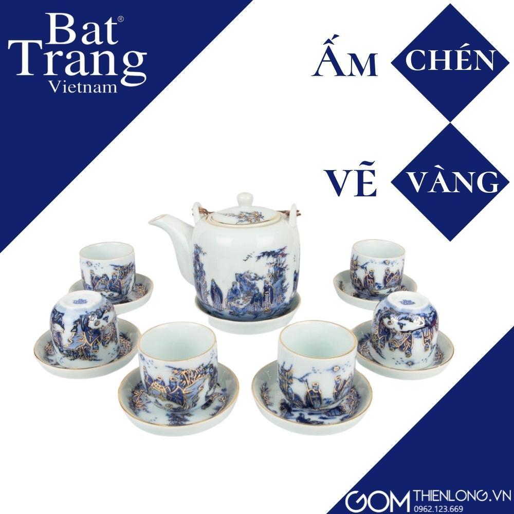 Ấm Chén Vẽ Vàng Trúc Lâm Thất Hiền - Bộ Ấm Chén Bát Tràng Cao Cấp - Gốm Thiên Long