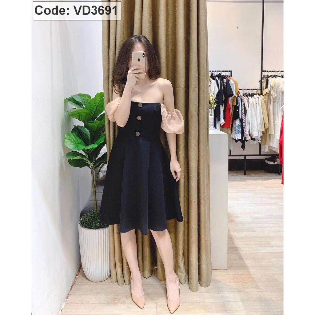 Đầm Đen Xòe Vải Boy Phối Tay Voan Kem mã VD3691145
