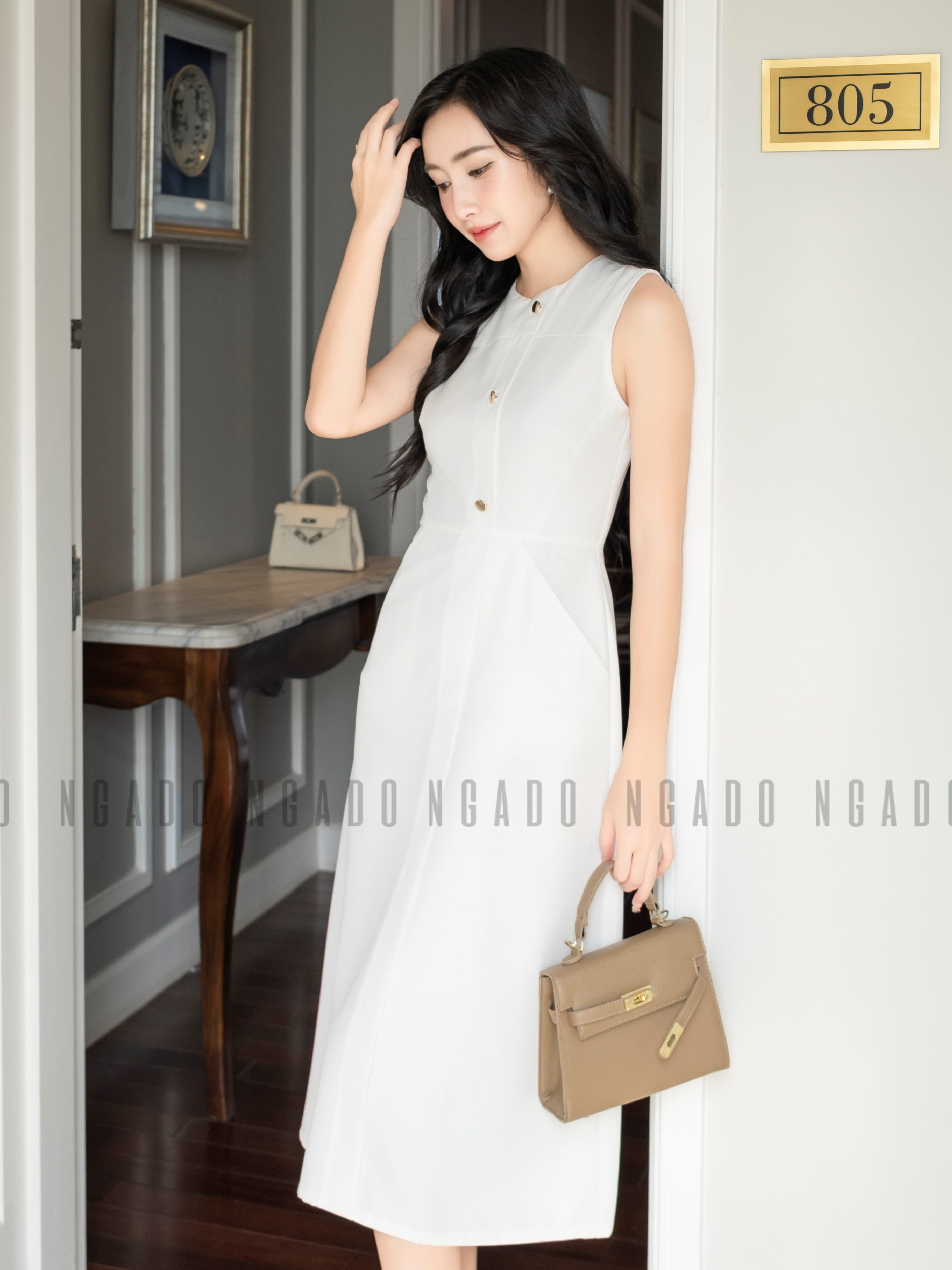 Đầm trắng túi xéo NGADO , đầm nữ , Đầm suông , Đầm dạo phố