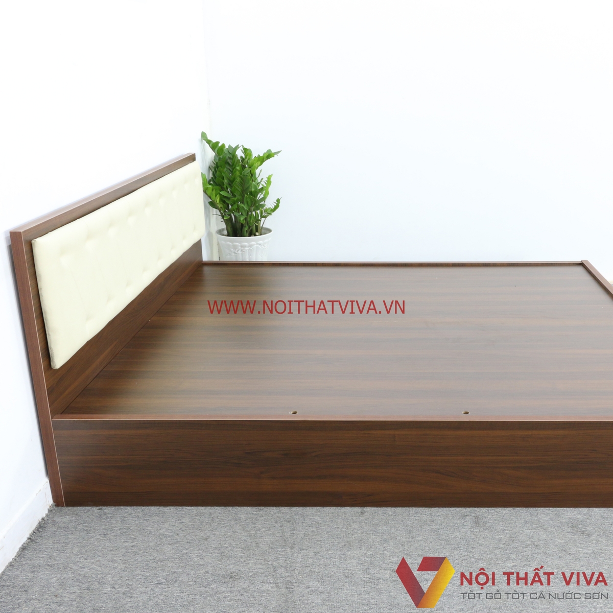 Giường Ngủ Gỗ Mdf Melamine Màu Nâu Có Đầu Nệm Kem Đẹp Giá Rẻ