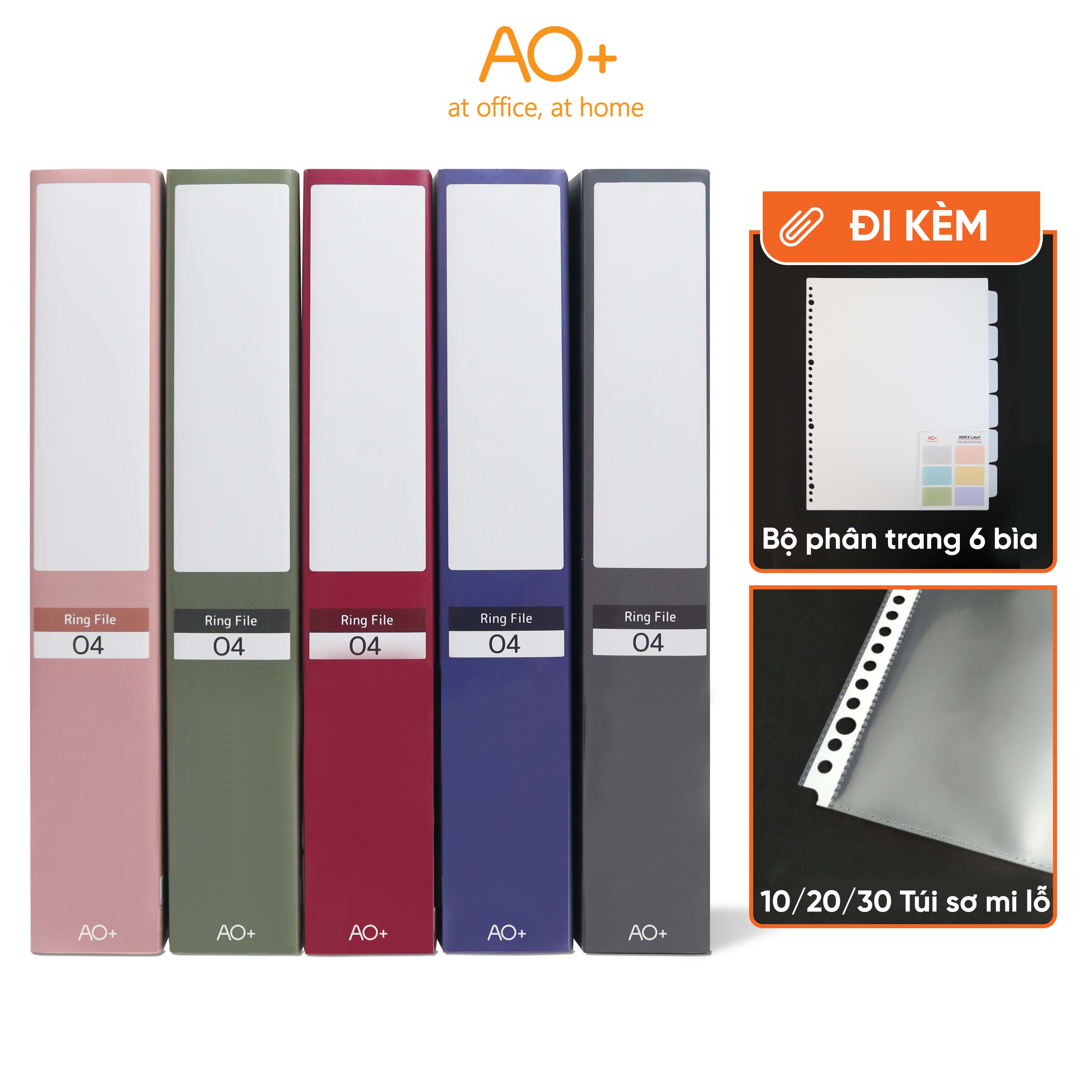 Bìa Còng O4 Switch OFF AO+, Nhựa PP/ A4, 4 Nhẫn O, Kèm Bộ Phân Trang và Túi Sơ Mi Lỗ,