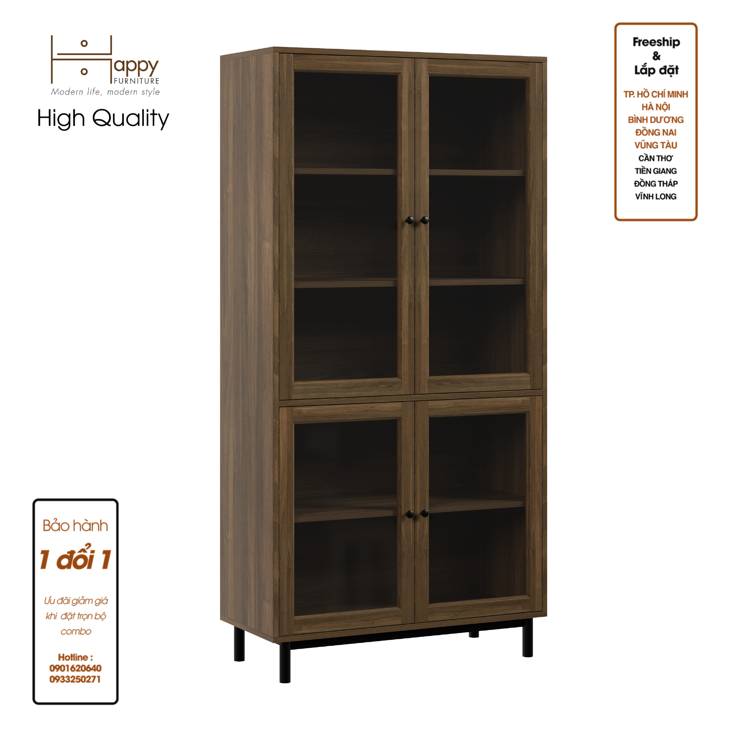 CATY , Kệ sách 5 tầng cửa kính - chân sắt , 90cm x 39cm x 180cm , KSA_020