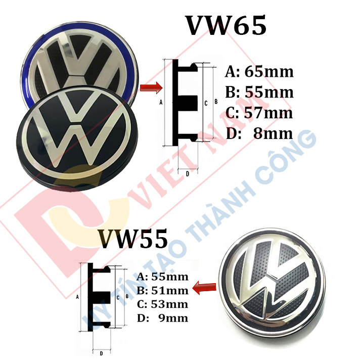 Logo chụp mâm, ốp lazang bánh xe ô tô Volkswagen, đường kính 55mm và 65mm