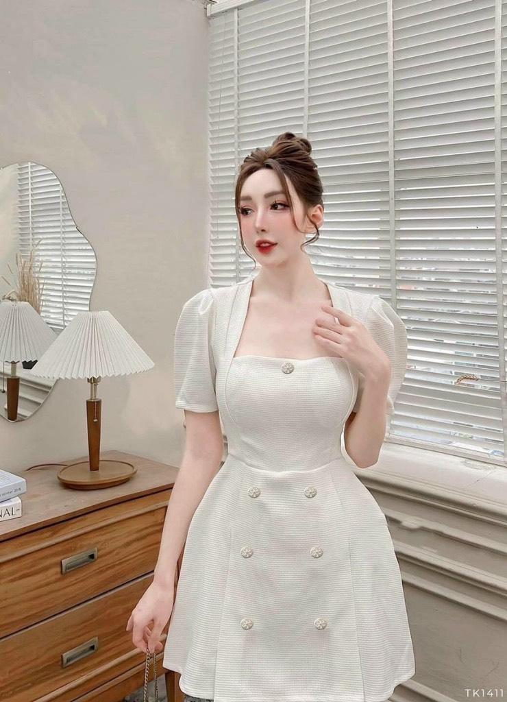 ĐẦM XÒE CỔ VUÔNG TAY PHỒNG KẾT NÚT 14127