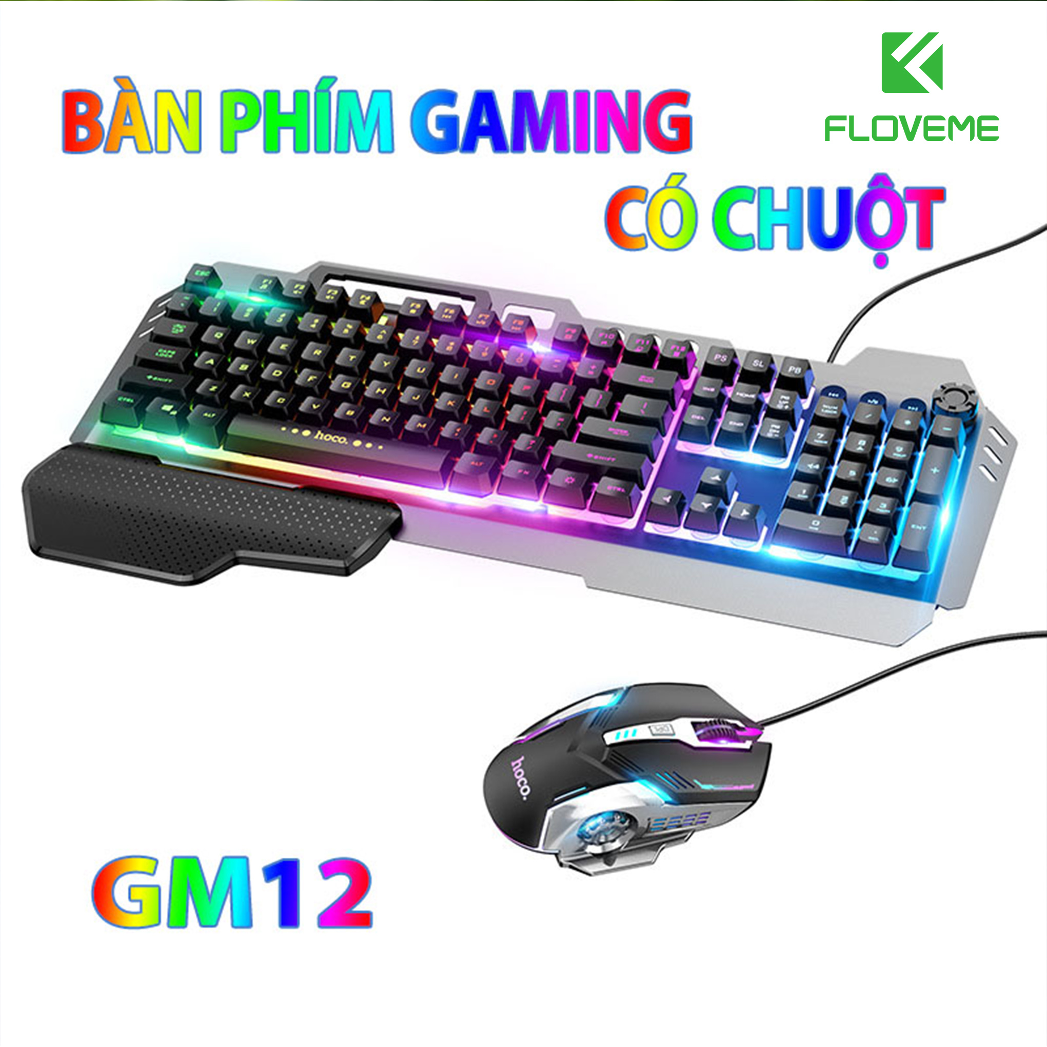 Bộ bàn phím và chuột chơi game HOCO GM12 Light and shadow RGB led đổi màu -giả cơ, vật liệu thân: ABS + silicone lỏng -  Hàng chính hãng