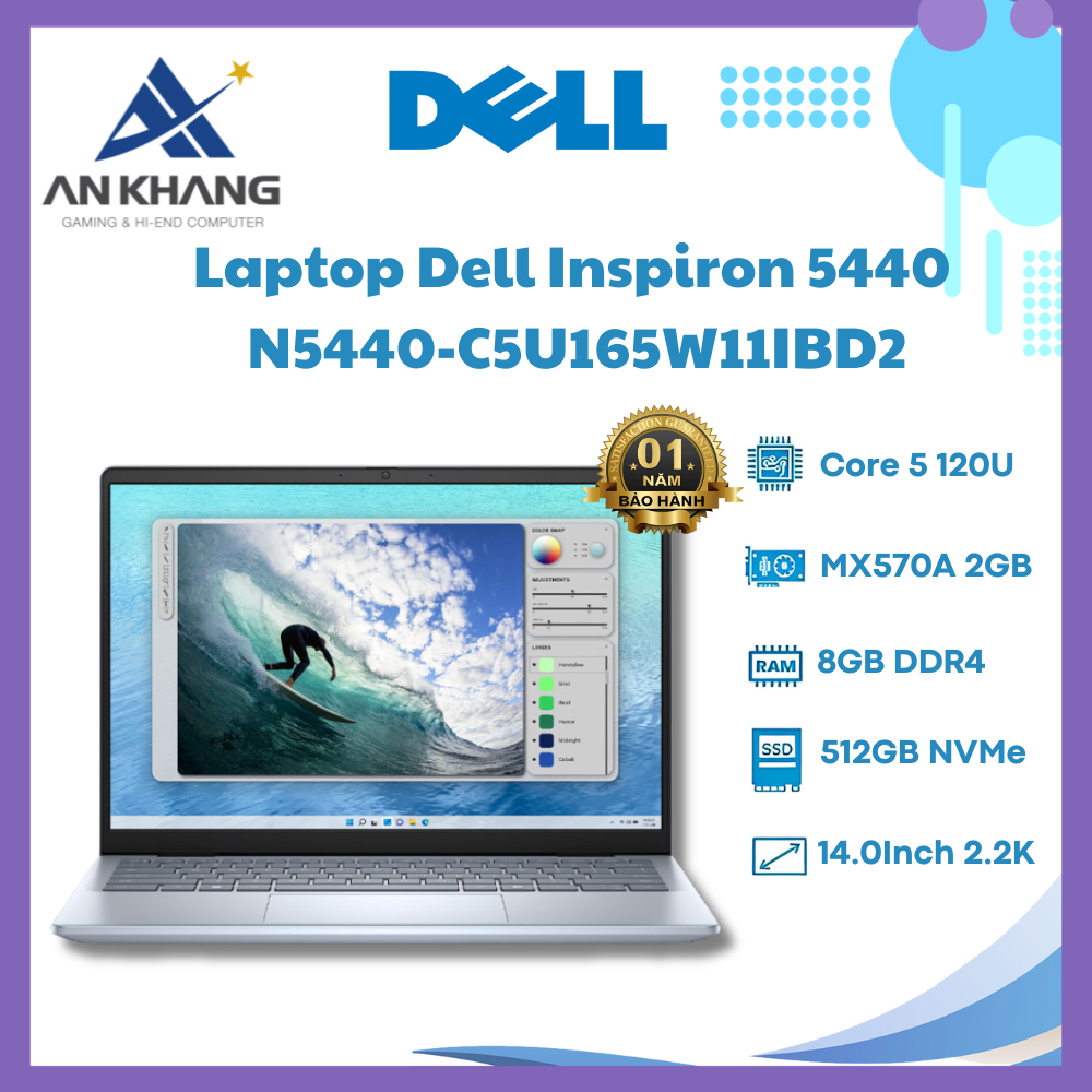 Laptop Dell Inspiron 14 N5440-C5U165W11IBD2 (Intel Core 5 processor 120U | 16GB | 512GB | MX570A 2GB | 14 inch 2.2K | Win 11 | Office | Xanh) - Hàng Chính Hãng - Bảo Hành 12 Tháng