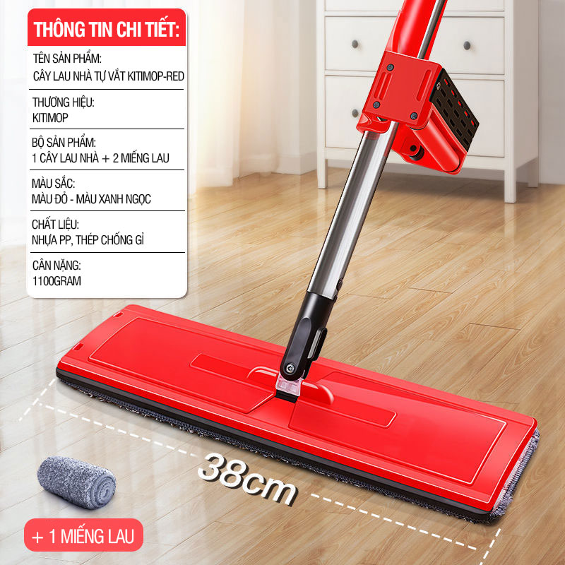 Cây lau nhà tự vắt Kitimop-Red bàn lau lớn 38cm, con lăn trợ lực, thanh thép không gỉ, khớp xoay 360 độ, 2 bông lau