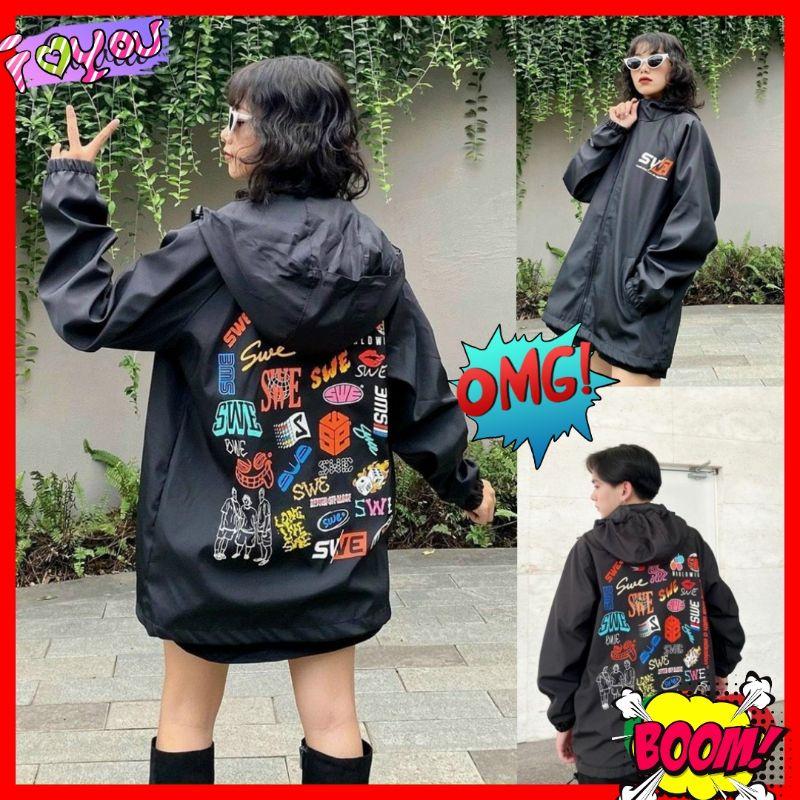 Áo khoác dù ulzzang/Áo khoác dù unisex form rộng kiểu bomber có nón in hoạ tiết thời trang teen hè, Áo khoác bomber ,áo khoác dù 2 lớp dáng unisex form rộng , phong cách ulzzang in hình