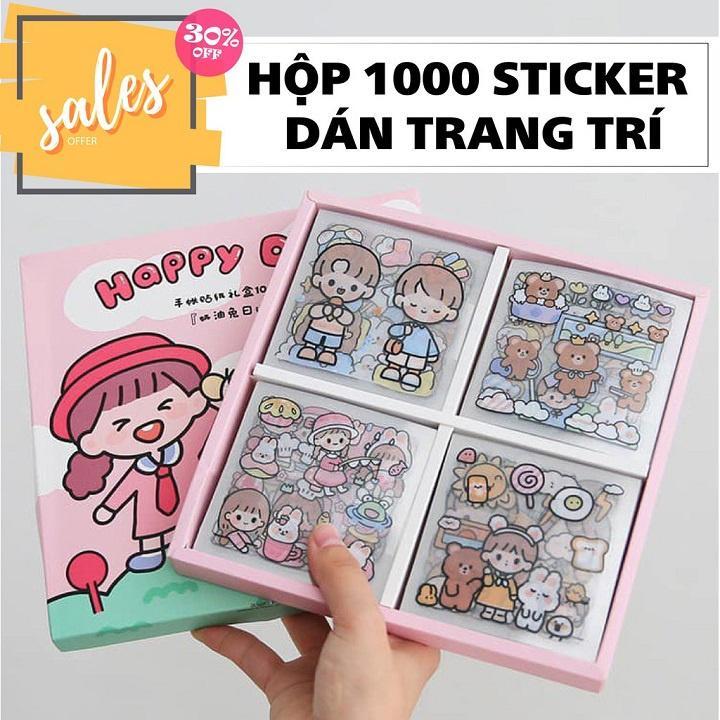 Hộp 1000 Sticker 100 tấm sticker hình dán - quà tặng dán hoạt hình trang trí sổ lưu niệm dễ thương