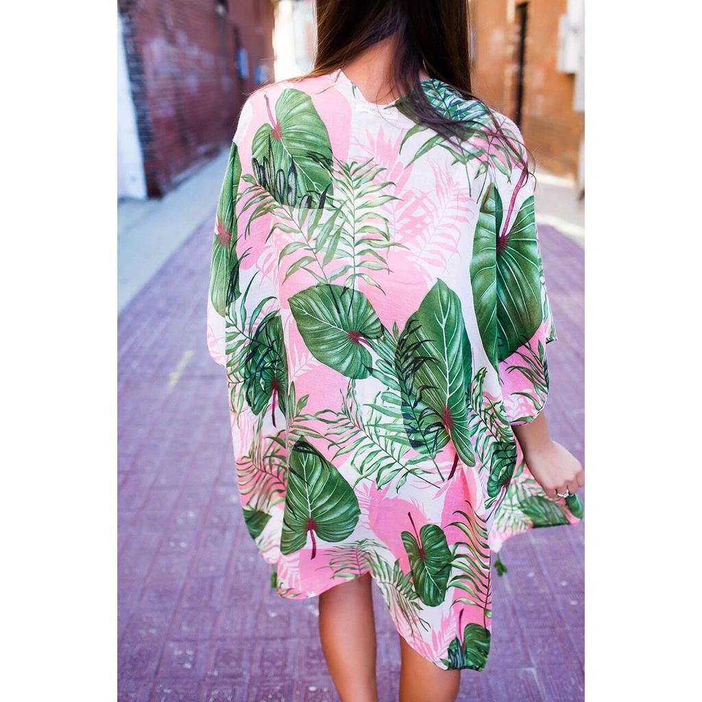 Women's Beach Cover Up Kimono Cardigan Tropical Leaves Tassels Design Soft Chiffon Blouse Shawl Top M-XL