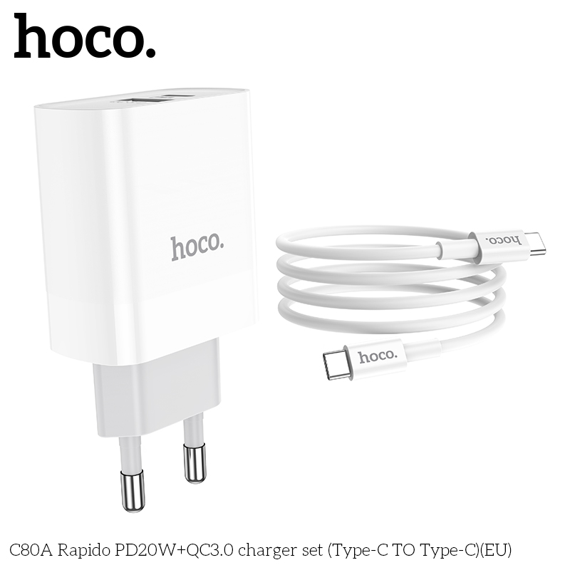 Bộ Sạc Nhanh Dành Cho Hoco C80A Type C To Type-C Pd20W Qc3.0 2 Cổng Sạc Usb Và Type-C Hàng Chính Hãng
