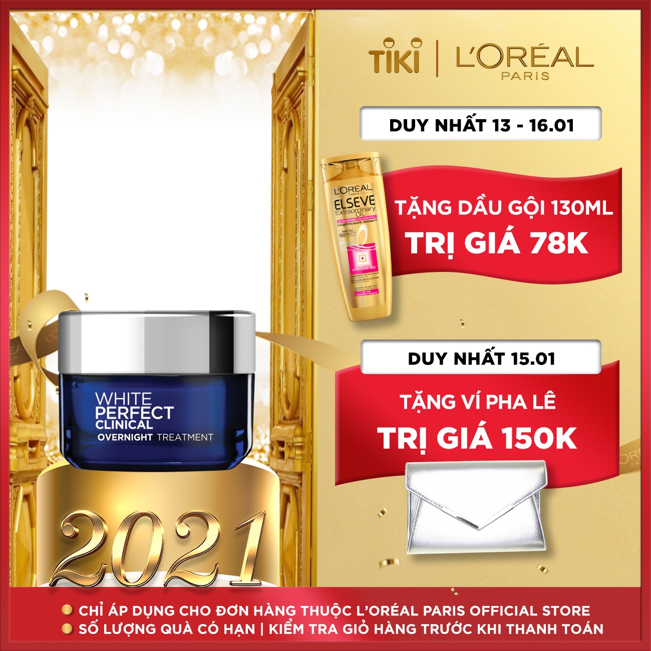 Kem Dưỡng Trắng Mịn Và Giảm Thâm Nám Ban Đêm L'Oreal Paris Aura Perfect Clinical 50ml