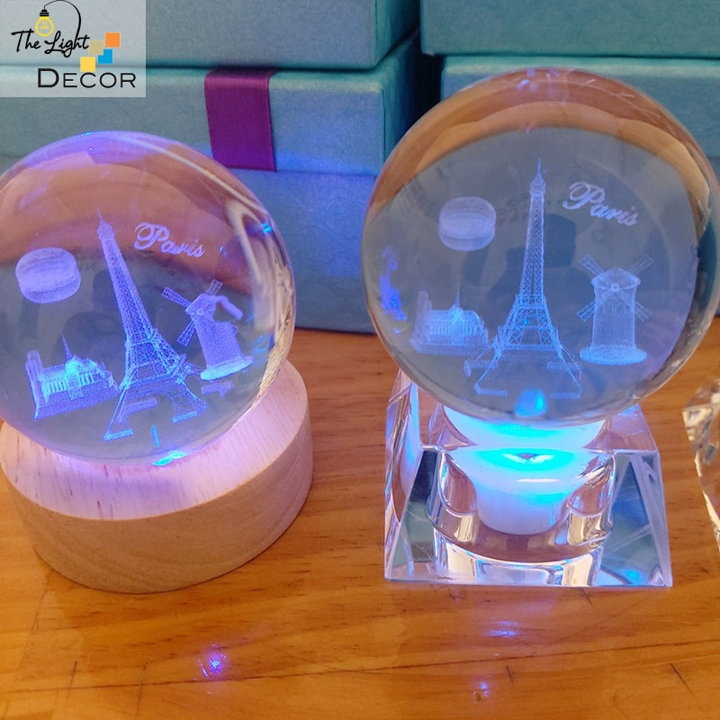 Bộ Quà Tặng Quả Cầu Pha Lê 3D larser LED PARIS 6cm