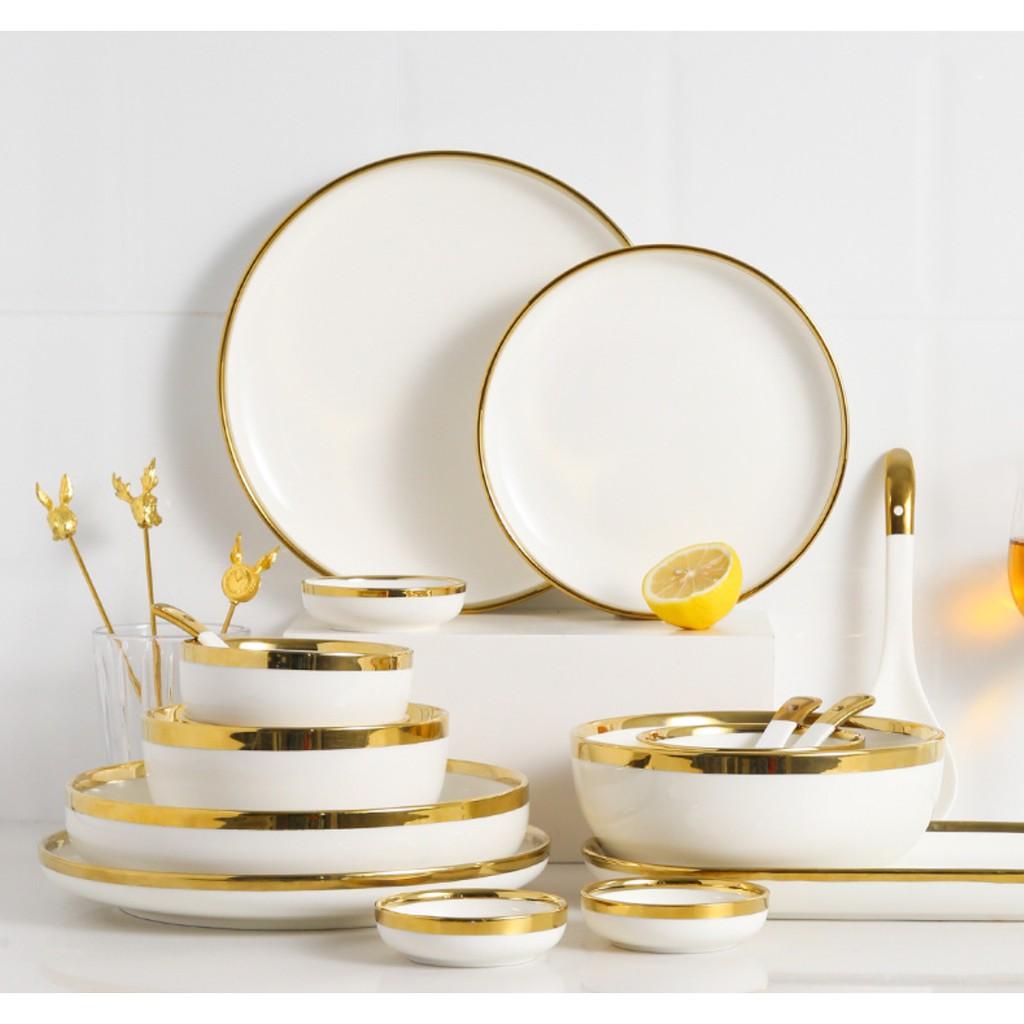 Set bát 26 món. Bát đĩa 26 món. set bát đĩa 26 món màu trắng viền vàng sang trọng.