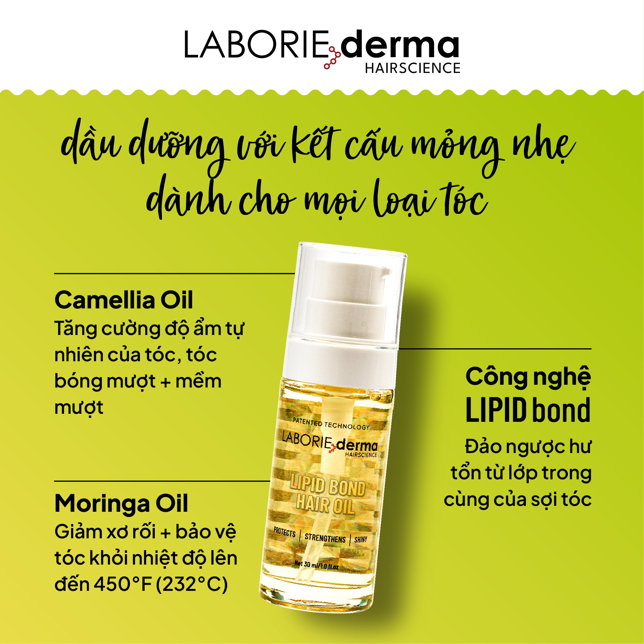 Dầu dưỡng bảo vệ tóc, giúp tóc bóng mượt và chắc khỏe LABORIE derma Lipid Bond Hair Oil - 30ml