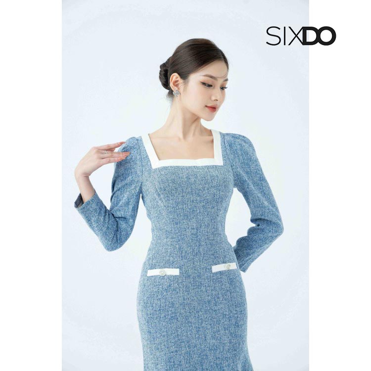 Đầm midi tweed cổ vuông phối viền trắng SIXDO