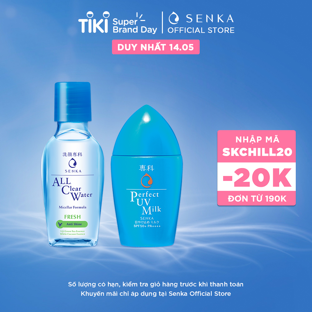 Combo Sữa chống nắng Senka Perfect UV Milk 40ml và Nước tẩy trang sạch thoáng Senka A.L.L.Clear Formula Fresh 70ml