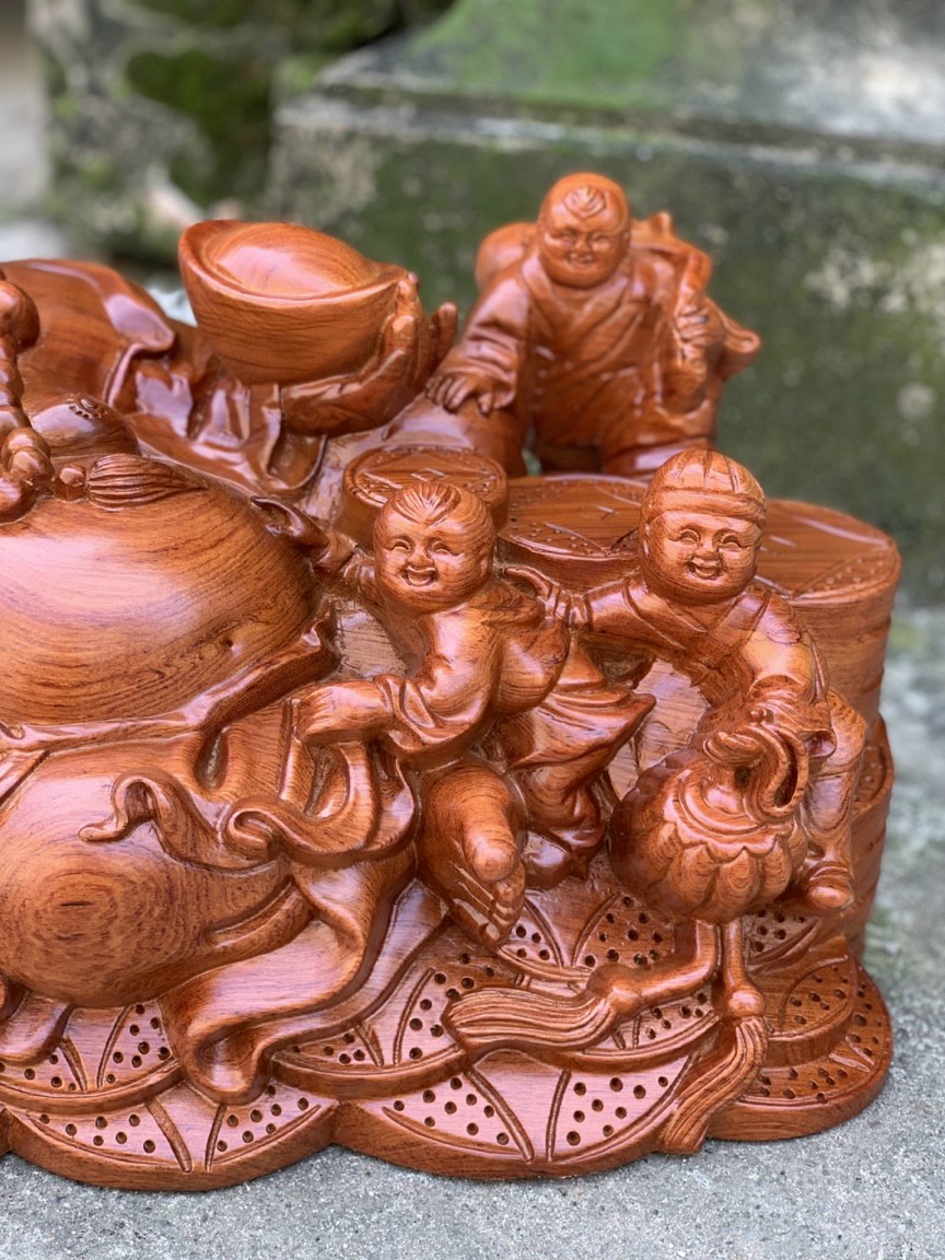 Tượng phật di lặc ngũ phúc gỗ hương đá liền khối kt 60×30×27cm