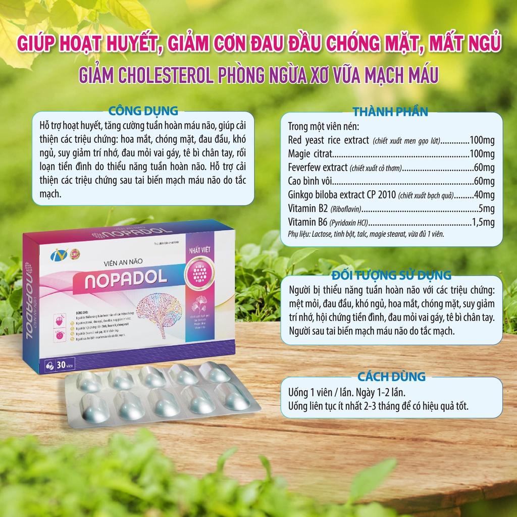 Viên an não giúp hoạt huyết, giảm đau đầu, mất ngủ, đau mỏi vai gáy, tê bì chân tay, rối loạn tiền đình NOPADOL - 30 viên