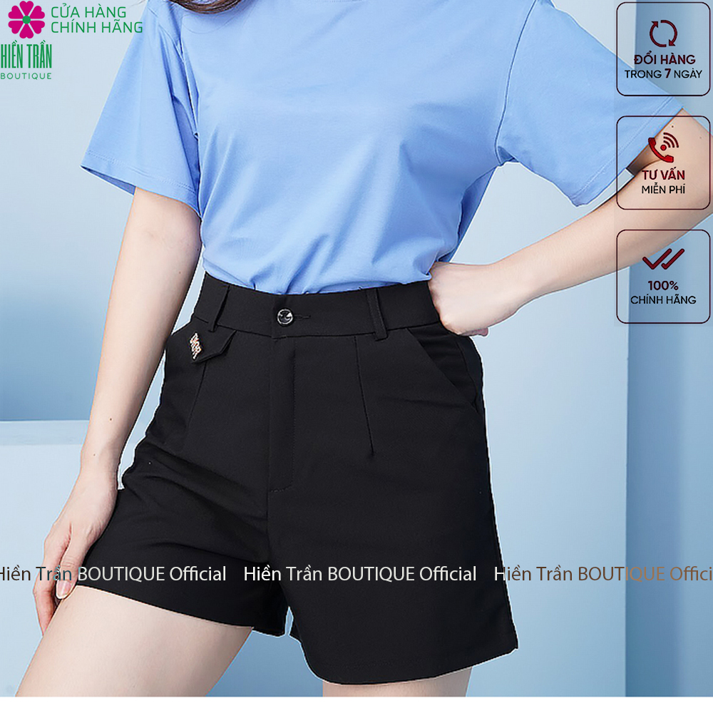 Quần short nữ Hiền Trần BOUTIQUE túi nắp lệch cạp cao short ống rộng phong cách cá tính trẻ trung