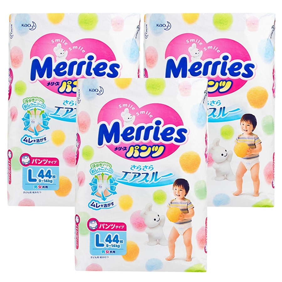 Combo 3 gói Tã-bỉm quần Merries L44 (44 miếng)