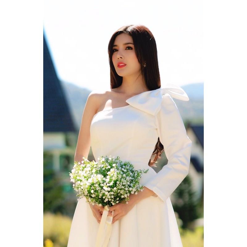 Đầm công chúa lệch vai cô dâu chụp hình cưới ngoại cảnh đi bàn đi tiệc event sang trọng