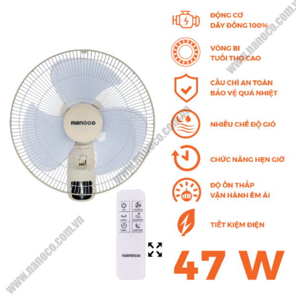 Quạt Treo Tường Có Remote Nanoco NWF1610RC-BE - Hàng Chính Hãng