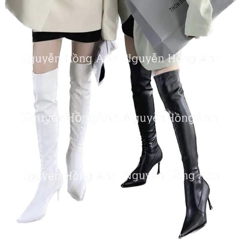 Hàng cao cấp Bốt  Đùi da lì mũi nhọn kéo khoá sau gót cao 7p  cho nữ