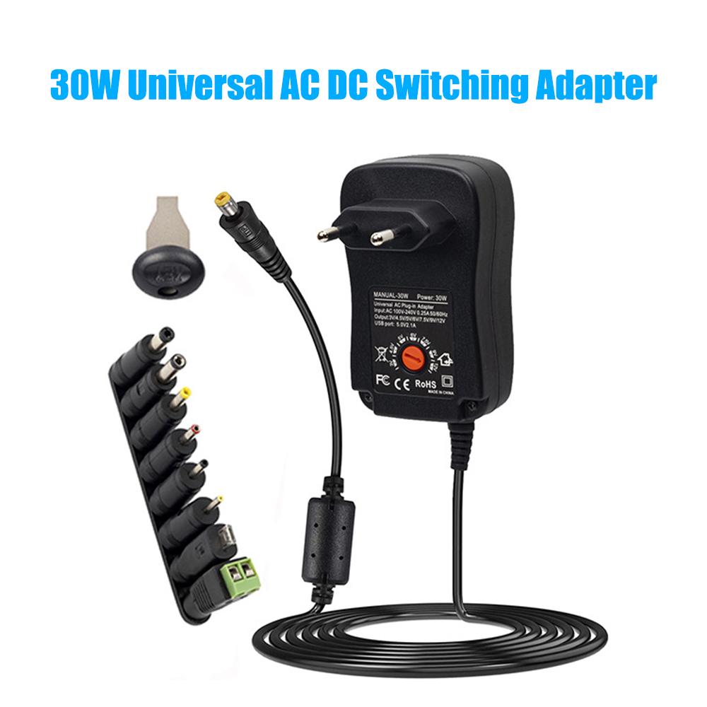 30W Universal AC sang DC đa năng 30W với cổng USB 5V 2.1A, Bộ sạc nguồn cắm AC 3V đến 12V có thể điều chỉnh điện áp đầu ra với 8 mẹo chuyển đổi DC cho thiết bị điện tử gia dụng