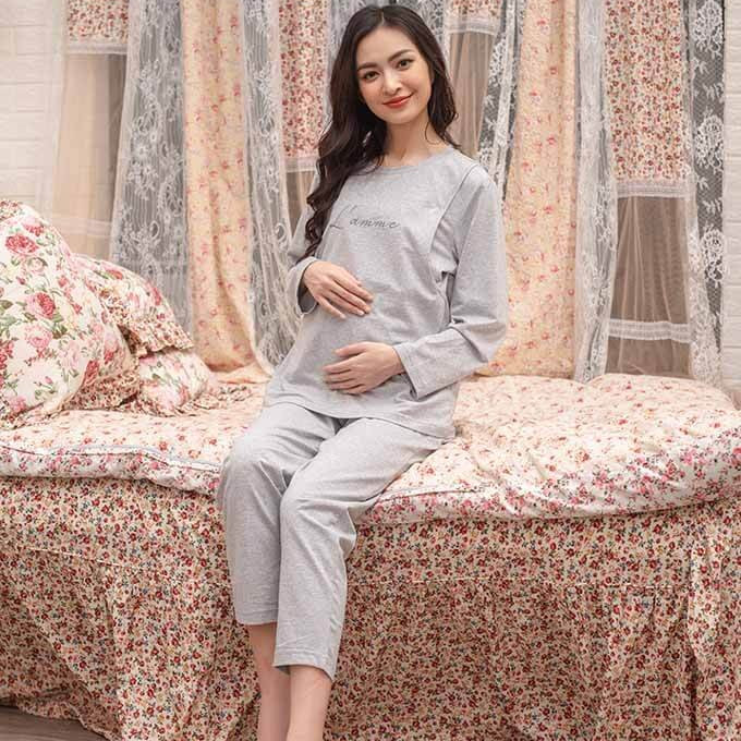 Bộ ngủ bầu sau sinh (B01) chất thun cotton, áo có chỗ mở cho bé ti tiện lợi, quần có chun điều chỉnh - Thiết kế bởi LAMME