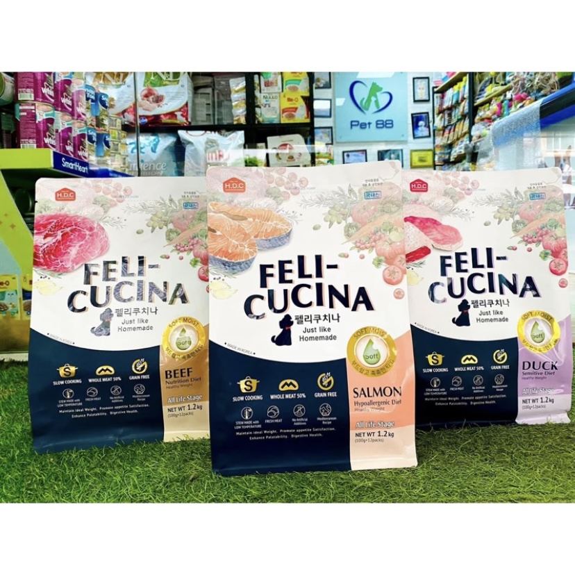 Hạt mềm cho Chó Feli Cucina Grain Free cao cấp không tinh bột thành phần Thịt Bò, Thịt Vịt & Cá hồi cho chó kén ăn