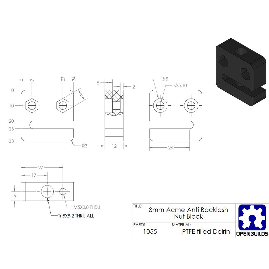 2pcs 3D Printer T8 8mm Screw Nut Seat Block, 2mm Thread Pitch 2mm