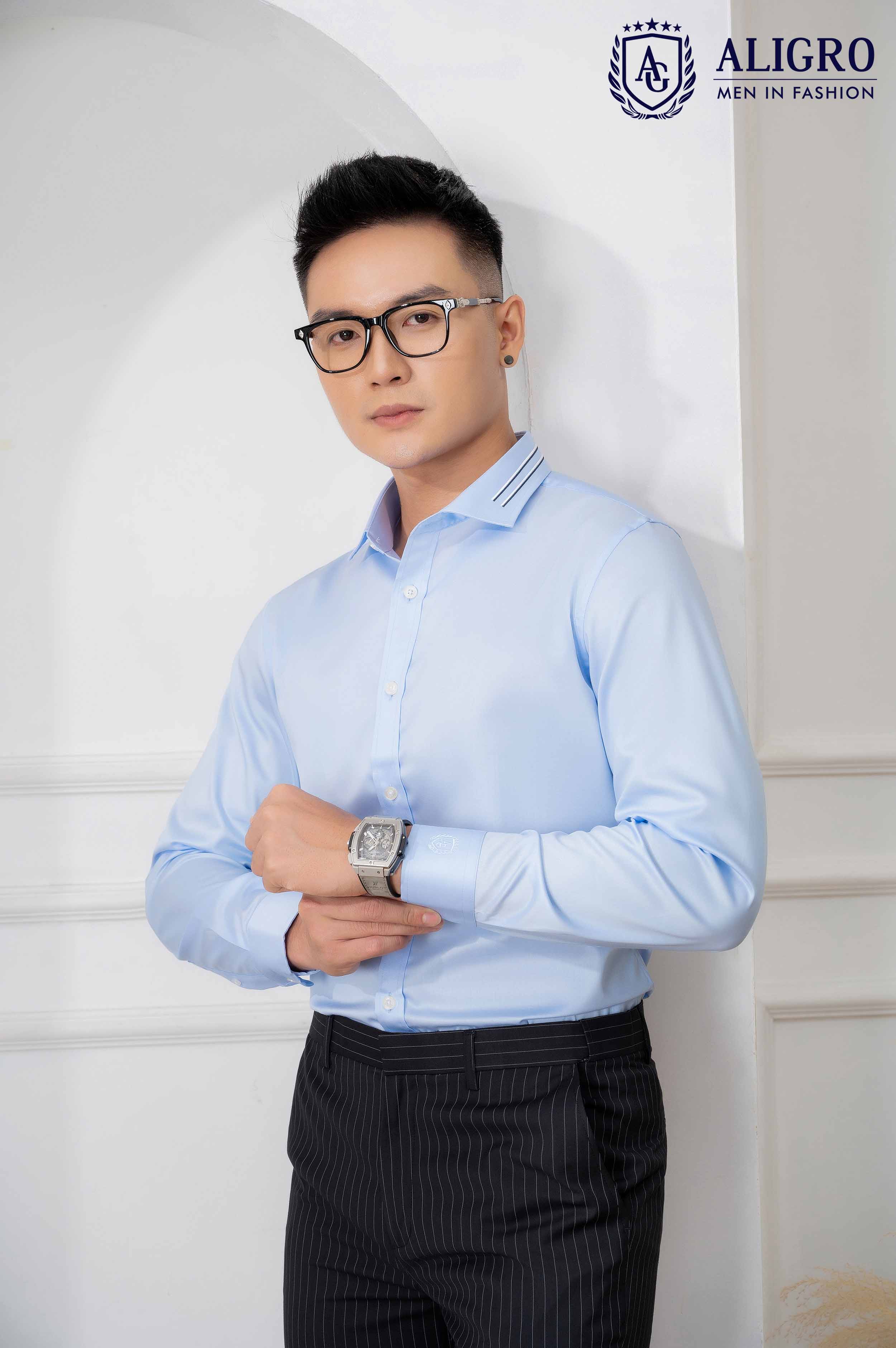 Áo sơ mi nam dài tay ALIGRO cổ bẻ dáng ôm body 100% chất cotton xanh phối cổ ALGS212