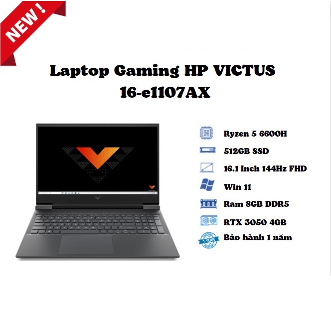 Máy tính xách tay HP VICTUS Gaming 16-e1107AX / đen/ AMD Ryzen 5 6600H / RAM 8GB/ 512GB SSD/ NVIDIA Geforce RTX 3050 4GB/ 16.1 Inch FHD 144Hz/ Win 11H/ 1Yr - Hàng chính hãng