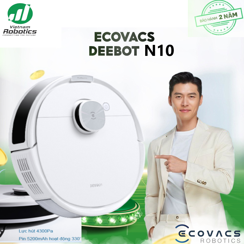 Robot hút bụi lau nhà Ecovacs Deebot N10 New - Trắng Bản Quốc tế - App Tiếng Việt, hàng nhập khẩu chính hãng full VAT, bảo hành chính hãng 24 tháng bởi Vietnam Robotics, lực hút 4300Pa, thời gian hoạt động 4 giờ liên tục