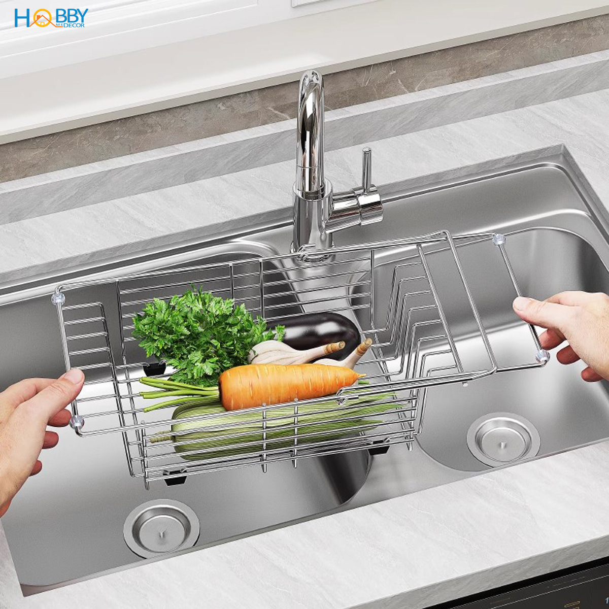 Khay đựng đồ chén đĩa gác trong chậu inox 304 Hobby home decor KDC7
