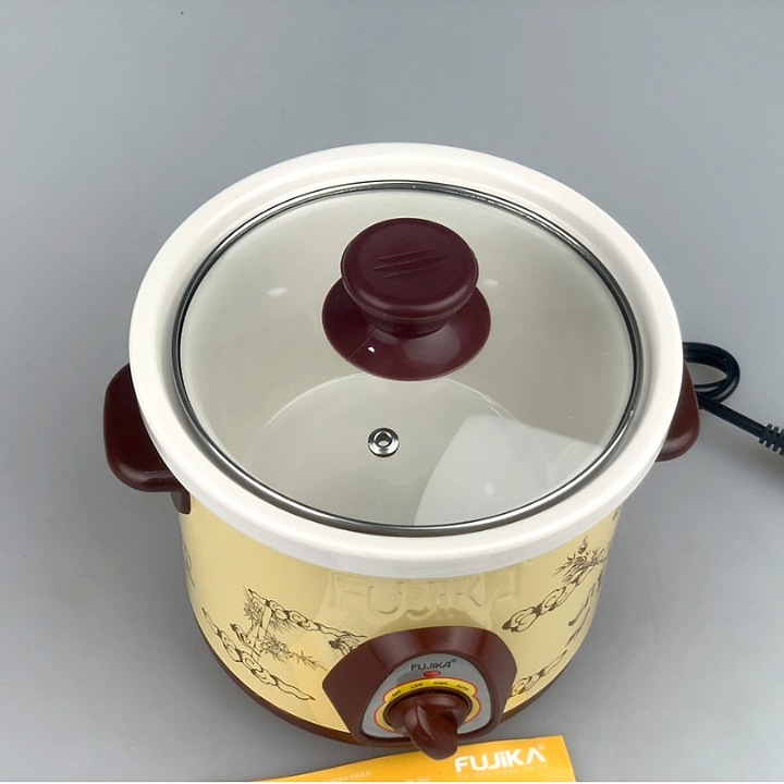 Nồi Kho Cá Thịt 2.5L,Nồi Nấu Chậm,Nồi Nấu Cháo ,Nồi Chưng Yến,Nồi Tiềm 2.5L Fujika KC25 Màu Vàng Họa Tiết-Hàng chính hãng