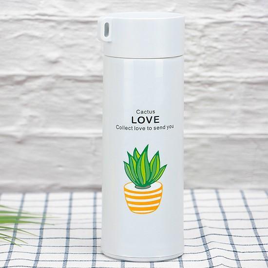 Bình nước in hình xương rồng 450ml lõi thủy tinh bọc vỏ nhựa lúa mạch có dây sách Duonghieu6789