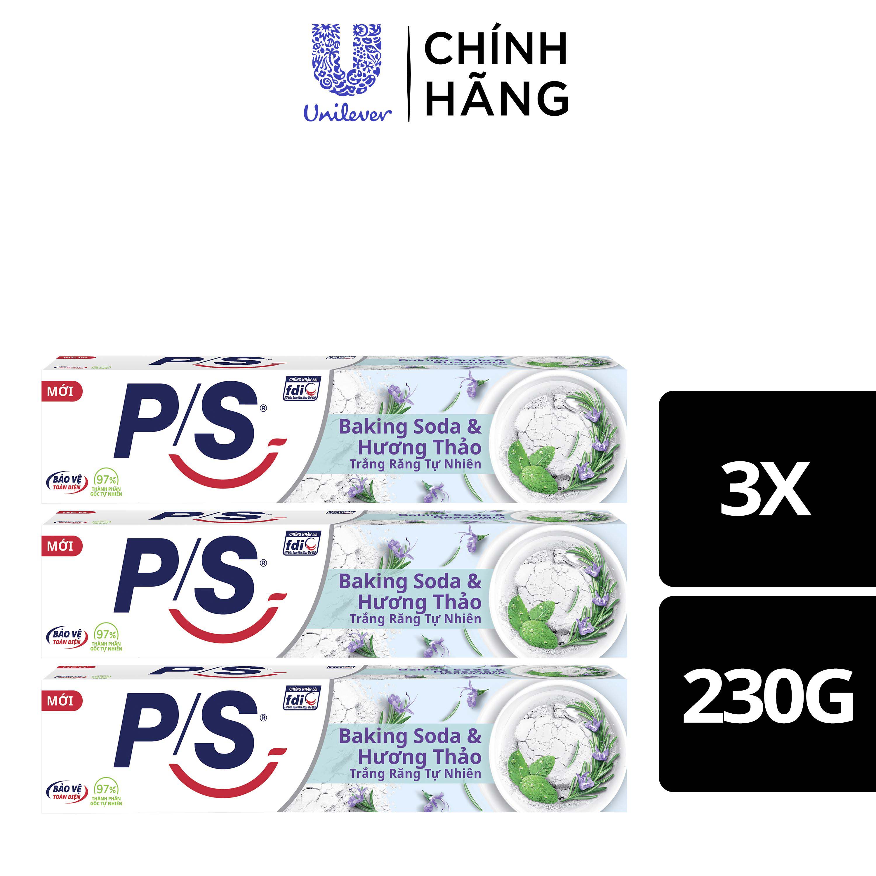 Bộ 3 Hộp Kem Đánh Răng P/S Thiên Nhiên Baking Soda - Hương Thảo Trắng Răng Tự Nhiên 230G