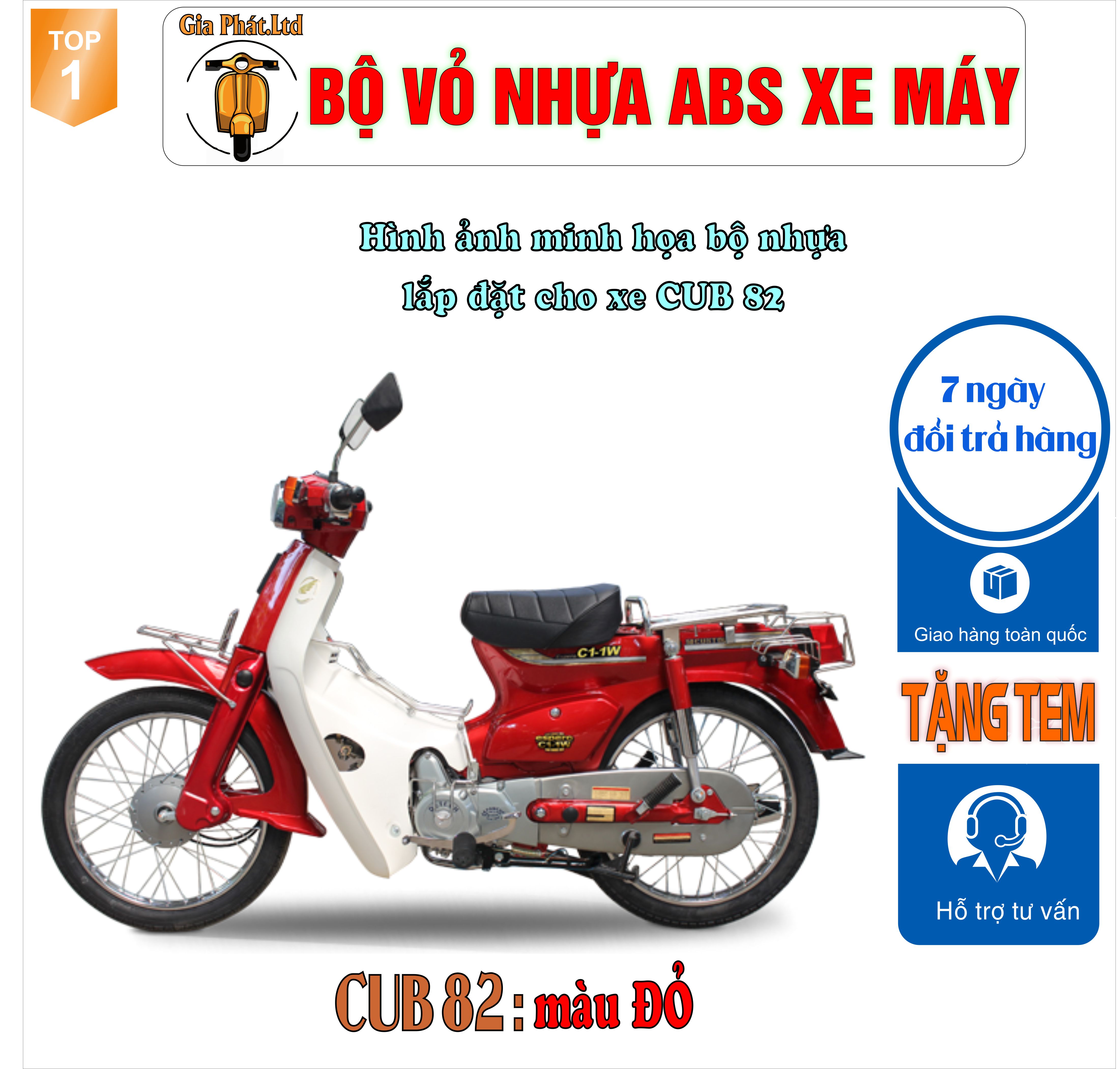 [Tặng tem] Bộ dàn áo xe Cub 82 màu ĐỎ  - nhựa ABS cao cấp -TKB-1353-2143