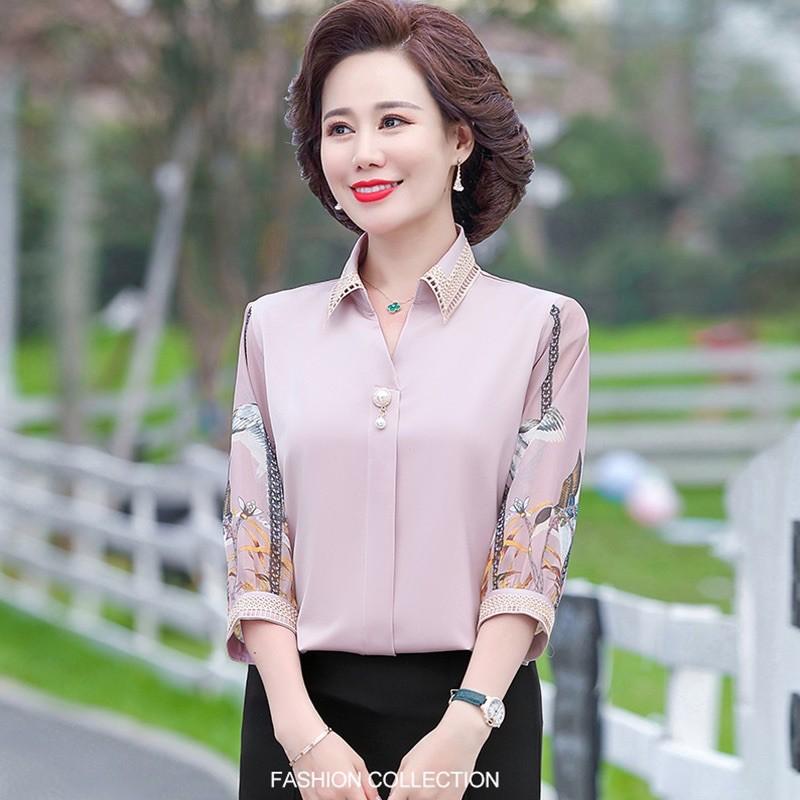 sơ mi lụa trung niên cao cấp_áo trung niên tay phối họa tiết_áo sơ mi sang trọng thanh lịch mẫu mới cho bà cho mẹ