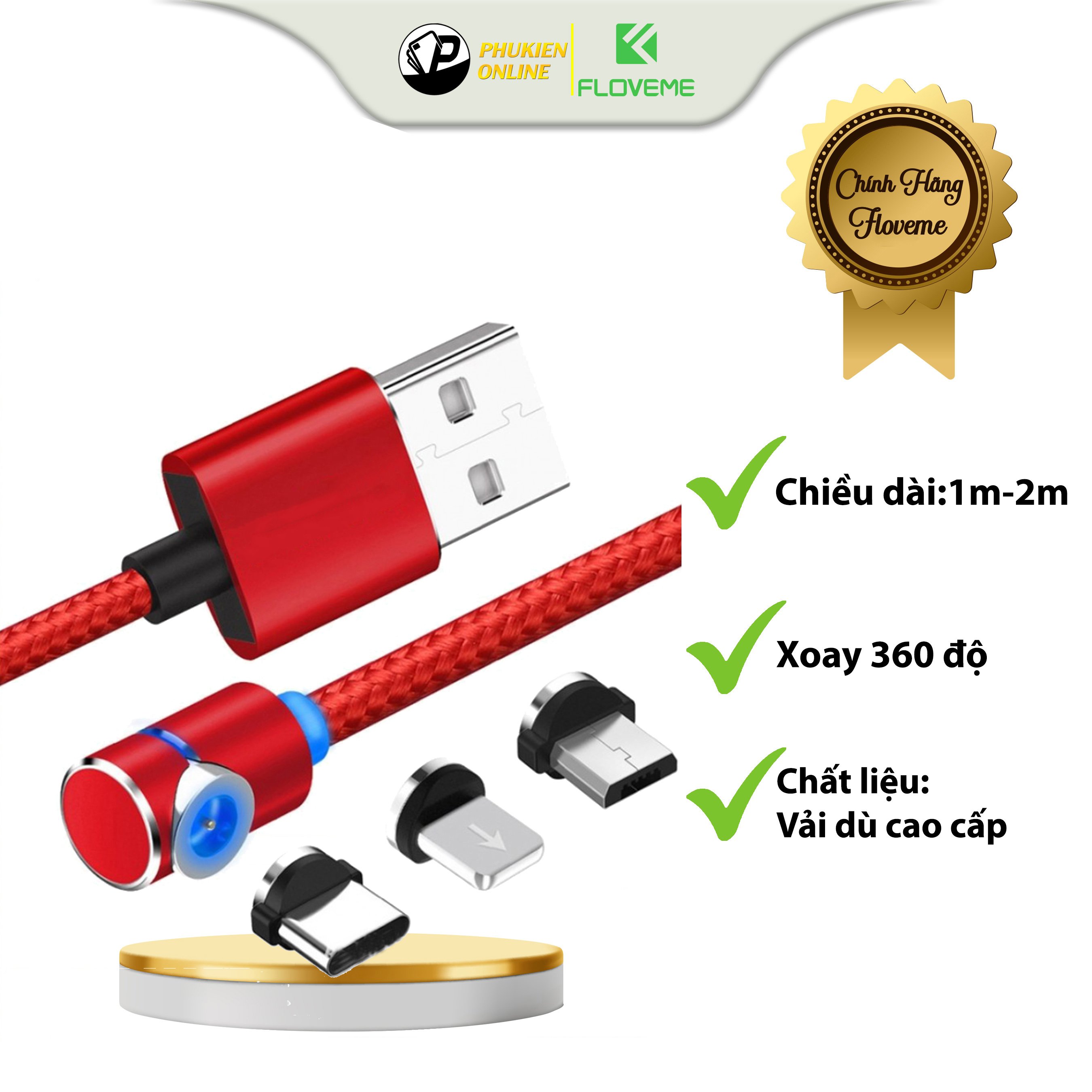 Cáp sạc nam châm FLOVEME - Xoay 360* - Đèn led đẹp mắt - Vải dù cao cấp - Chống rối - Siêu bền - An toàn - Hàng chính hãng