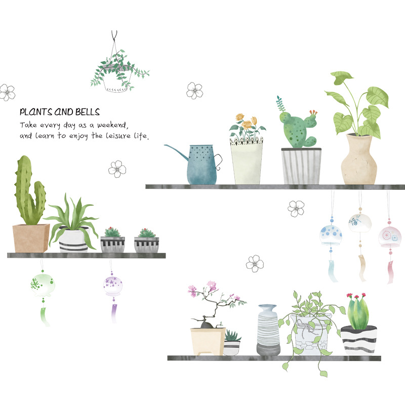 Decal dán tường phong cách Bắc Âu Plants and bells họa tiết chậu cây xương rồng cây cảnh