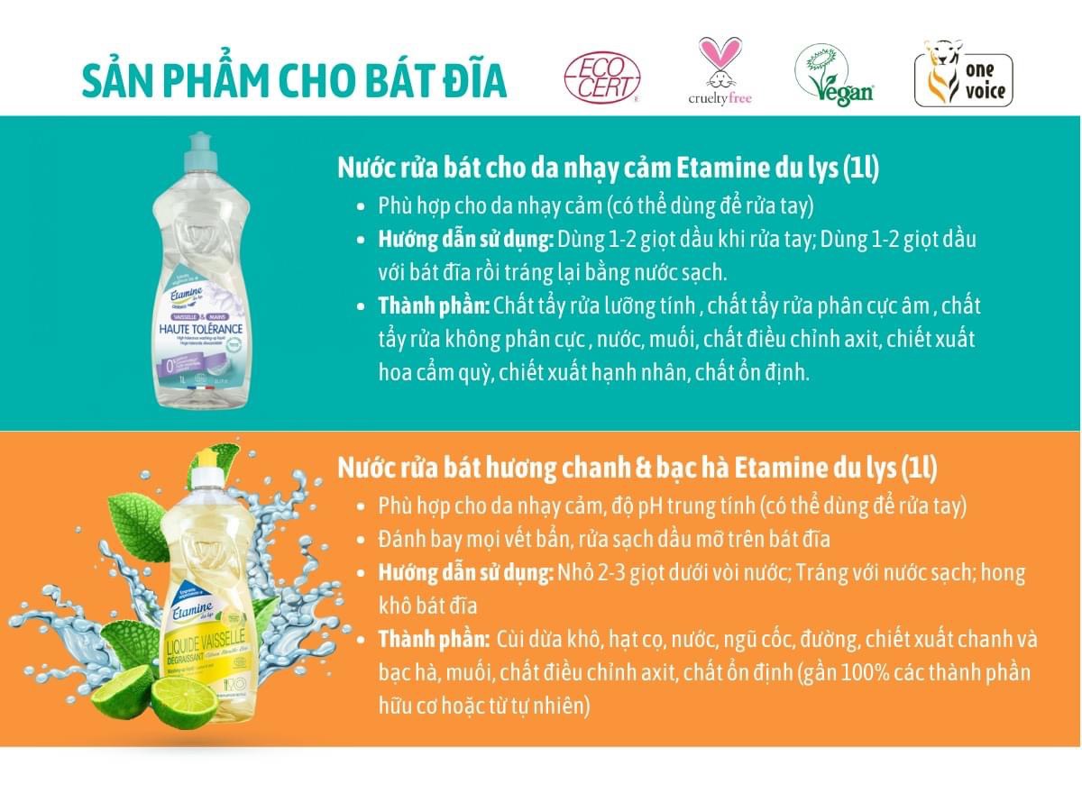 Nước rửa chén bát dành cho da nhạy cảm chai 1 lít - Etamine