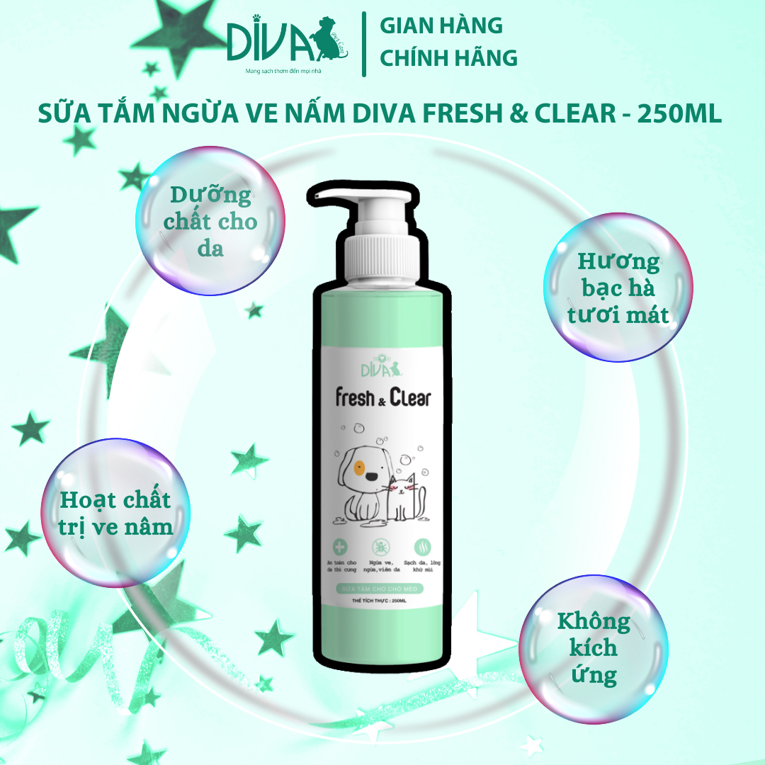 SỮA TẮM NGỪA VE NẤM CHO CHÓ MÈO DIVA FRESH &amp; CLEAR 250ML