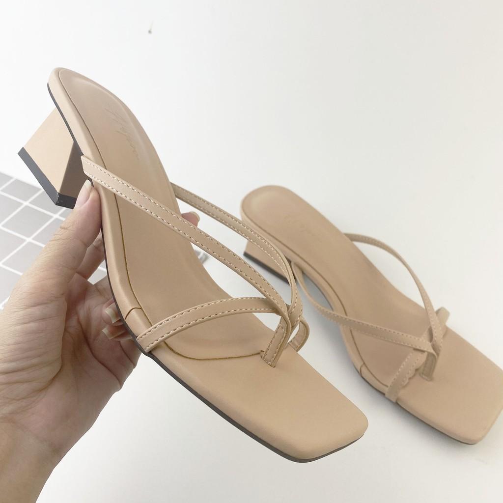 Dép cao gót nữ đế vuông thời trang dáng guốc sandal cao 5 phân mũi vuông quai mảnh cao cấp HISHOO h012